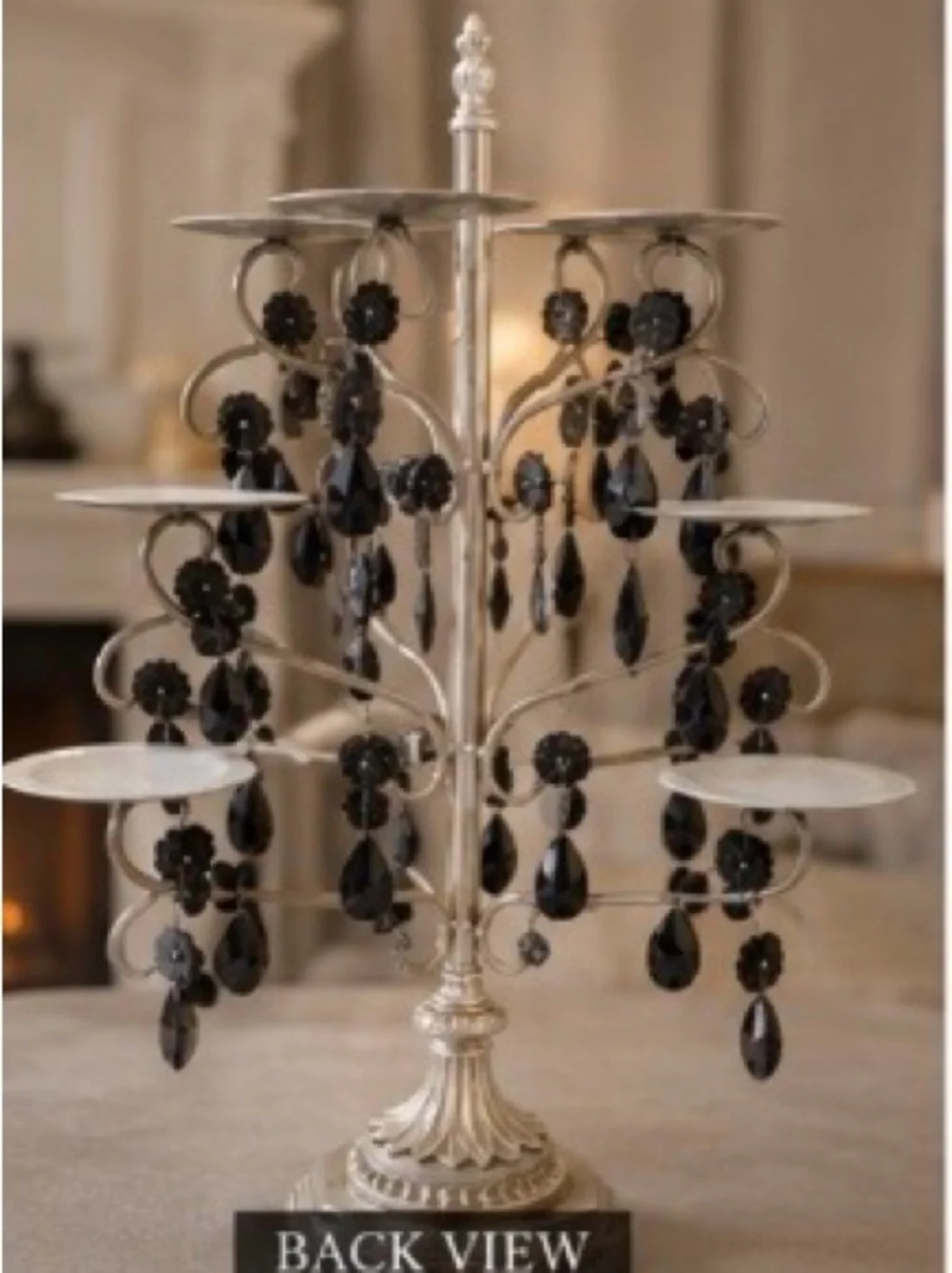 Silver Tiered Candelabra with Black Teardrop Crystals- gorgeous